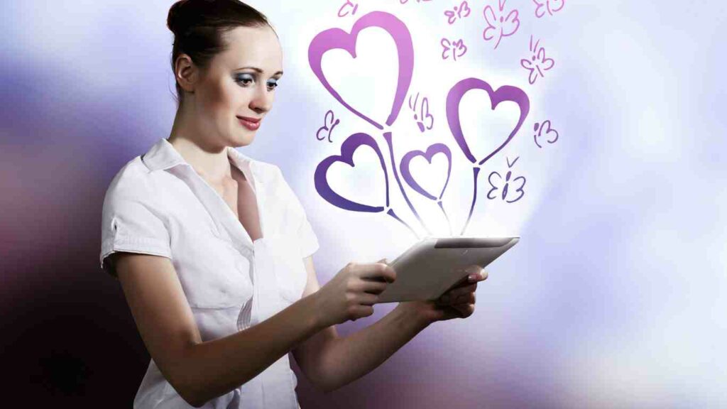Online dating features too much choice (women looking at tablet and receiving too many matches)